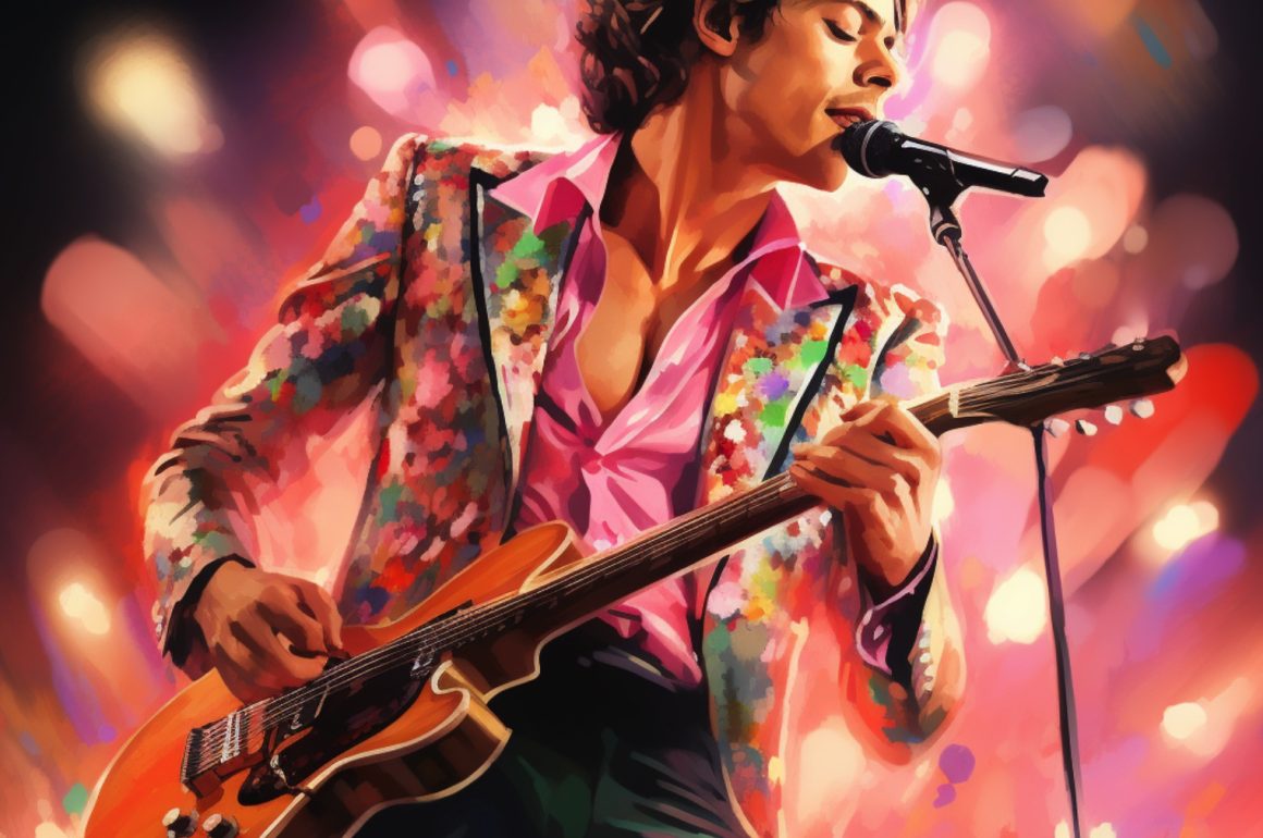harry styles performing on stage with guitar illustration