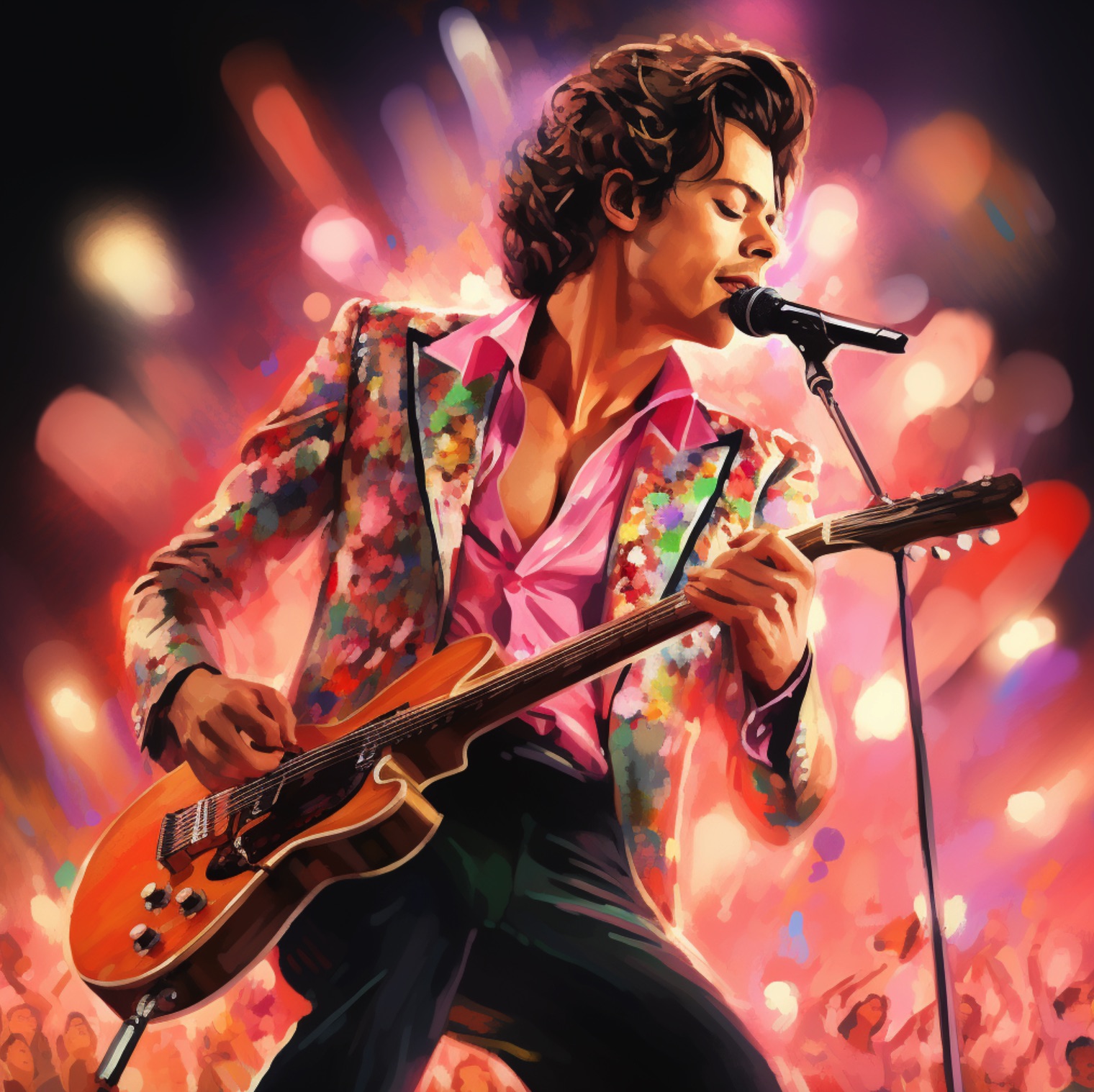 harry styles performing on stage with guitar illustration