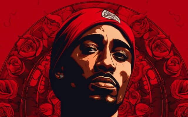 tupac drenched in red blood background and red hoodie