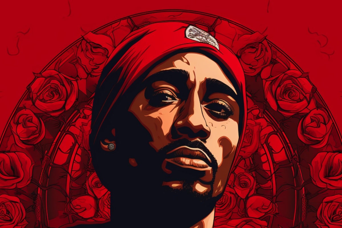 tupac drenched in red blood background and red hoodie