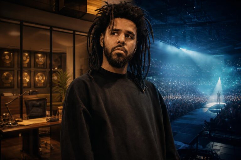 Magazine-style portrait of J. Cole representing his influence on hip-hop business and independence