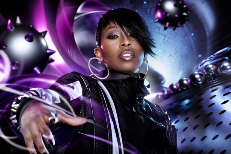 Missy Elliott in a futuristic, high-energy editorial portrait inspired by her innovative music and visuals.