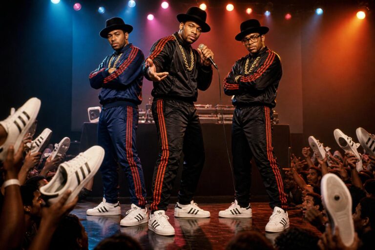 Run-D.M.C. style with classic Adidas-era sneakers and tracksuits onstage