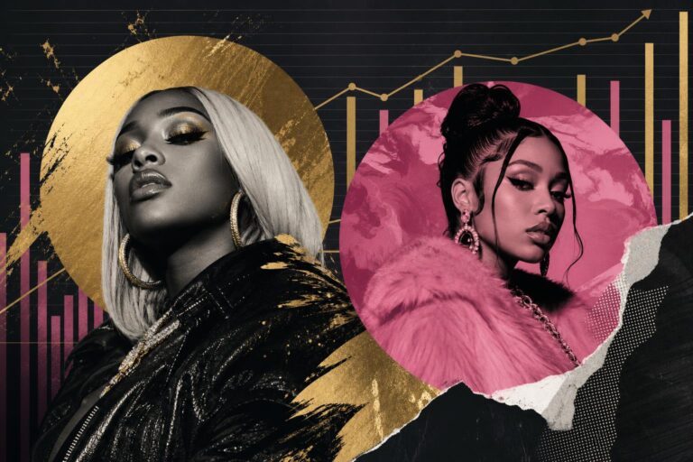 Editorial illustration of female rap albums and a Billboard 200 chart motif