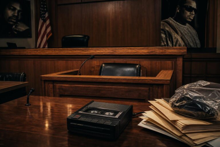 Courtroom scene with a recorder symbolizing the taped interview at the Tupac Shakur murder trial