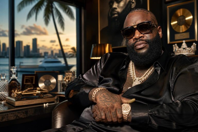 Rick Ross in a luxury-rap themed editorial portrait inspired by Port of Miami and Maybach Music Group