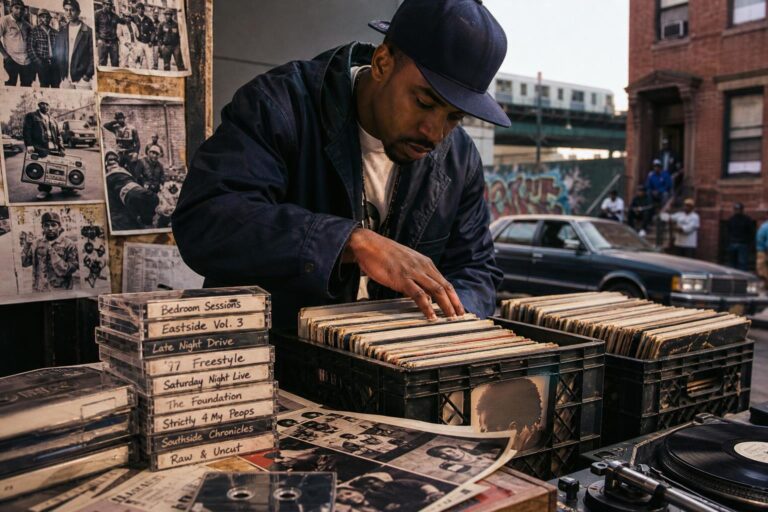 A hip-hop DJ surrounded by cassette mixtapes, reflecting the DIY culture of mixtape distribution.