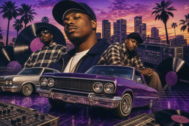 Stylized collage evoking the 1990s G-funk era with lowriders, palm trees, and neon synth visuals.