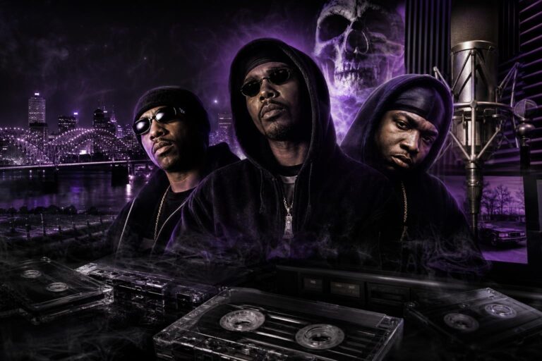 Moody illustration evoking Three 6 Mafia’s Memphis-era sound and trap’s origins.