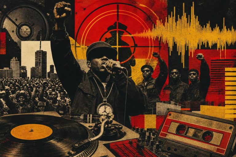 Illustration of Public Enemy-era hip-hop with militant imagery and layered sound collage