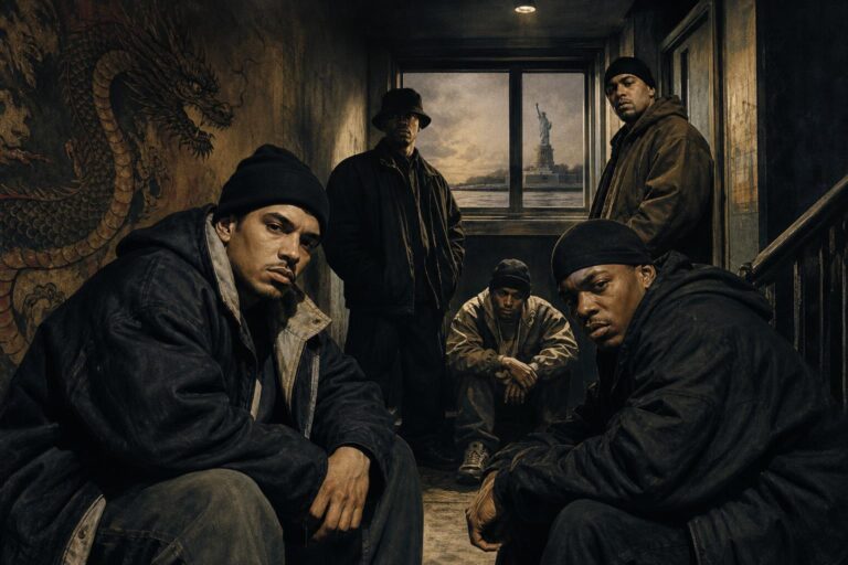 Wu-Tang Clan-inspired gritty hip-hop scene with kung-fu imagery and lo-fi East Coast style