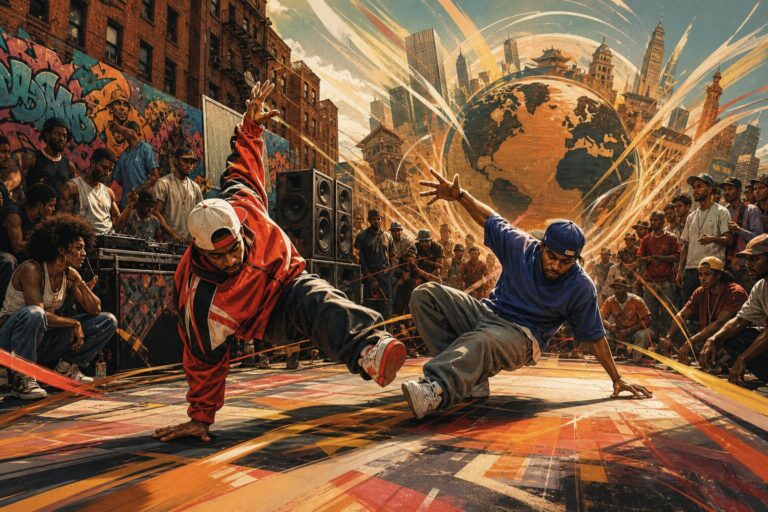 Hip-hop dancers breaking at a Bronx block party with a crowd around them