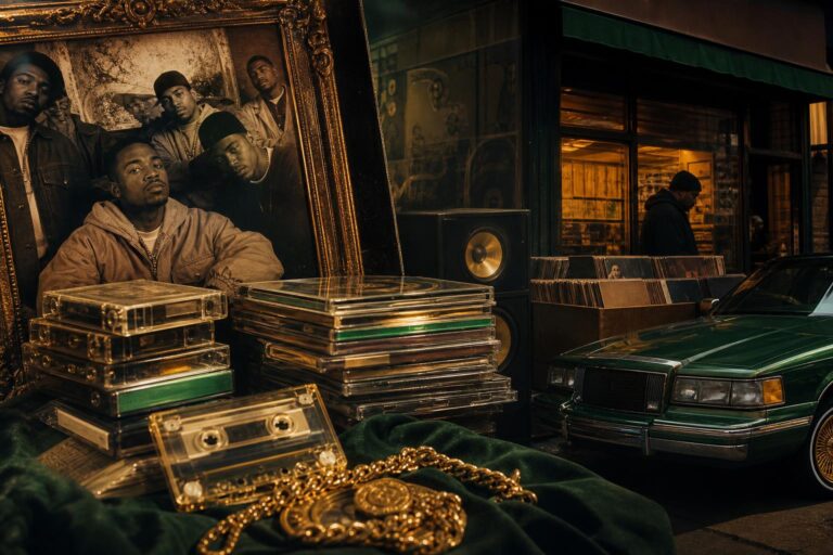 Stacks of rap CDs and cassettes in a cinematic scene evoking No Limit Records' rise from record store to independent empire.