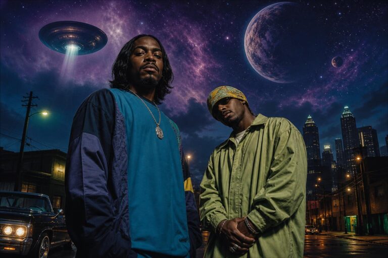 OutKast's ATLiens era depicted as a Southern street scene beneath a surreal outer-space sky