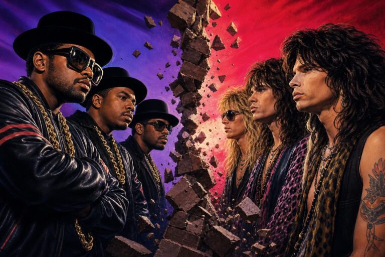 Run-D.M.C. and Aerosmith in a stylized MTV-era scene with a broken wall between them.