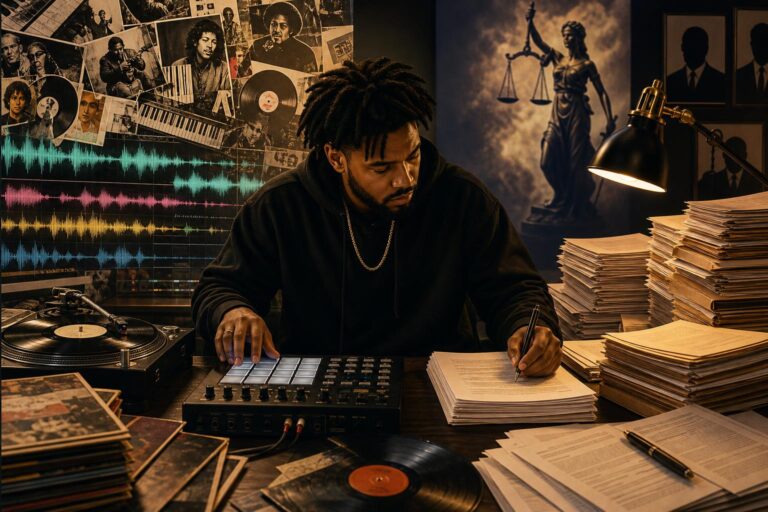 Hip-hop producer surrounded by records, audio layers, and paperwork representing sampling and copyright