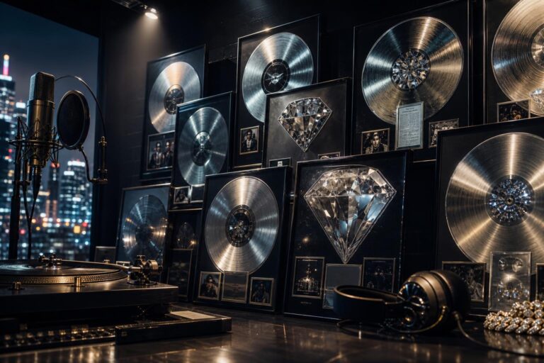 A wall of diamond and platinum hip-hop music plaques in a studio setting