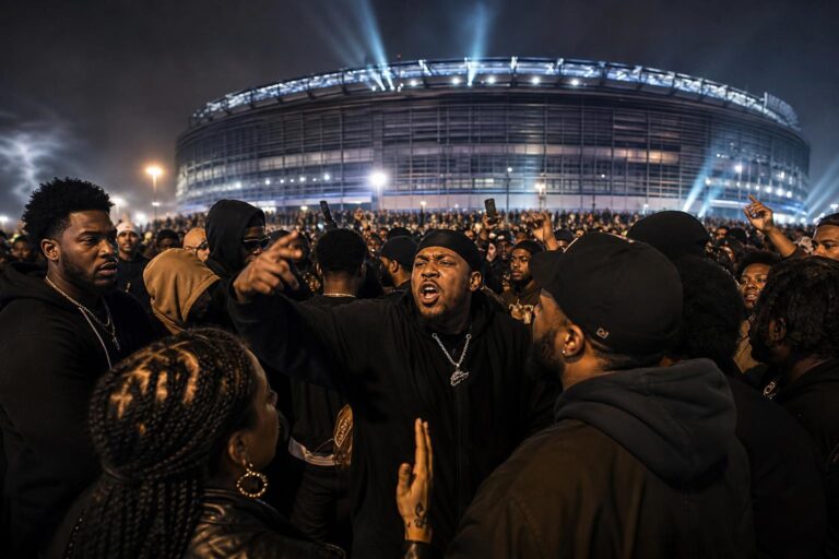 Concert lights at MetLife Stadium amid a public controversy over Macklemore’s onstage pro-Palestinian remarks.
