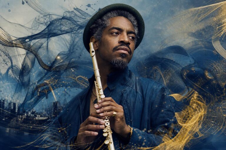 André 3000 holding a flute in an abstract, jazz-inspired editorial portrait