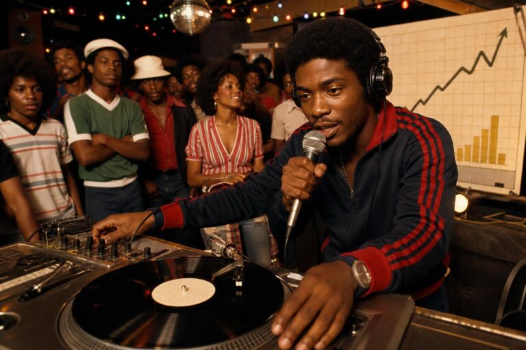 A vintage hip-hop scene evoking the 1979 commercial breakthrough of “Rapper’s Delight”