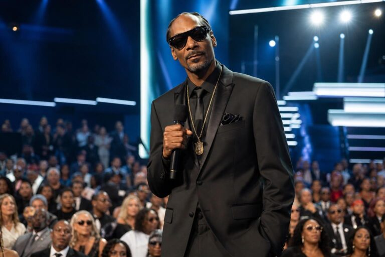 Snoop Dogg on stage at an awards show in Los Angeles, holding a microphone as host.
