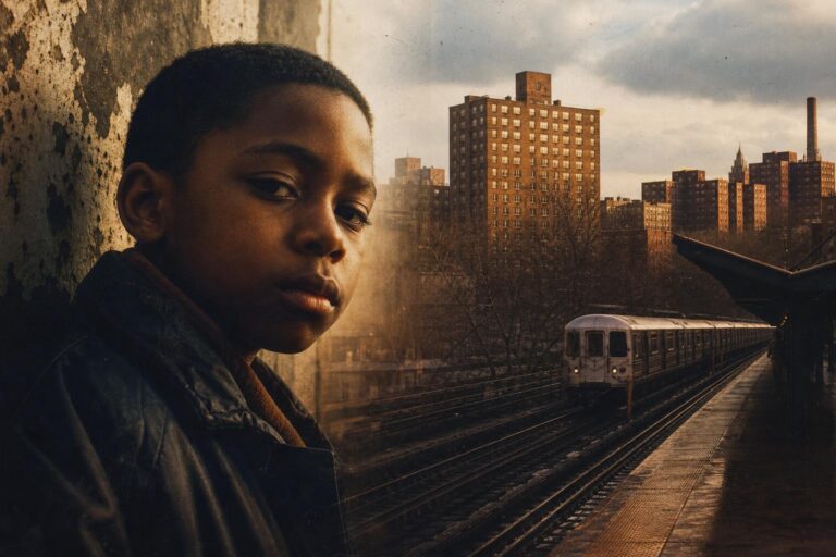 Moody Queensbridge-inspired New York hip-hop scene evoking the legacy of Illmatic