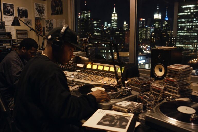 Late-night college radio studio with turntables and cassette tapes