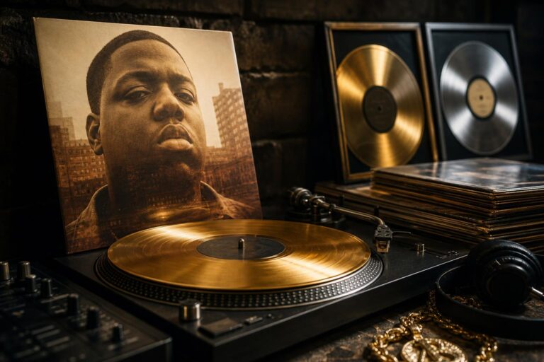 A classic hip-hop album on a turntable with gold and platinum record textures