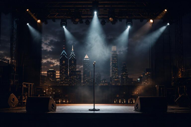 A concert stage with a lone microphone stand suggesting a solo tour return in Philadelphia