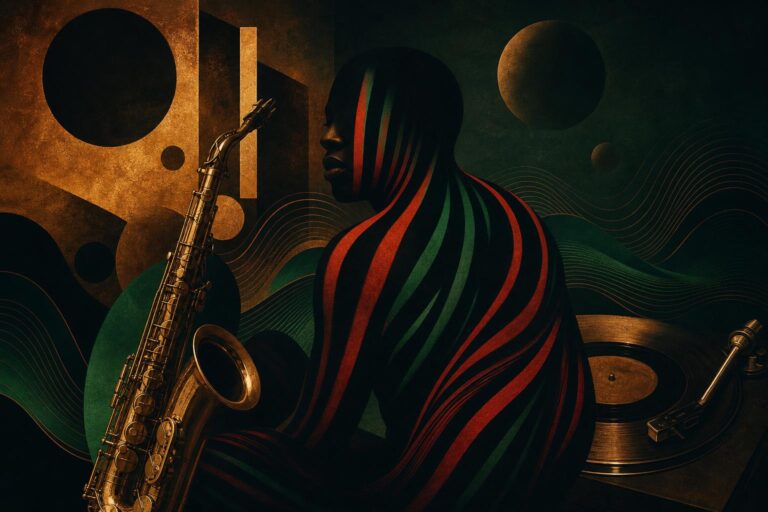Abstract cover-style artwork inspired by A Tribe Called Quest's The Low End Theory and its jazz-rap sound