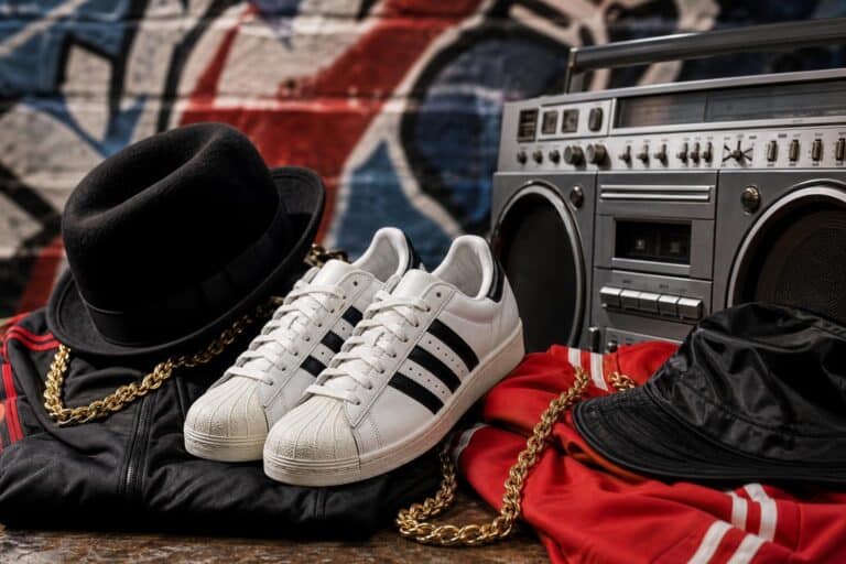 Run-DMC-era hip-hop style featuring adidas Superstar sneakers and classic streetwear elements