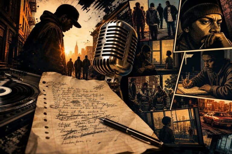 Editorial collage representing classic hip-hop storytelling songs and narrative rap history.