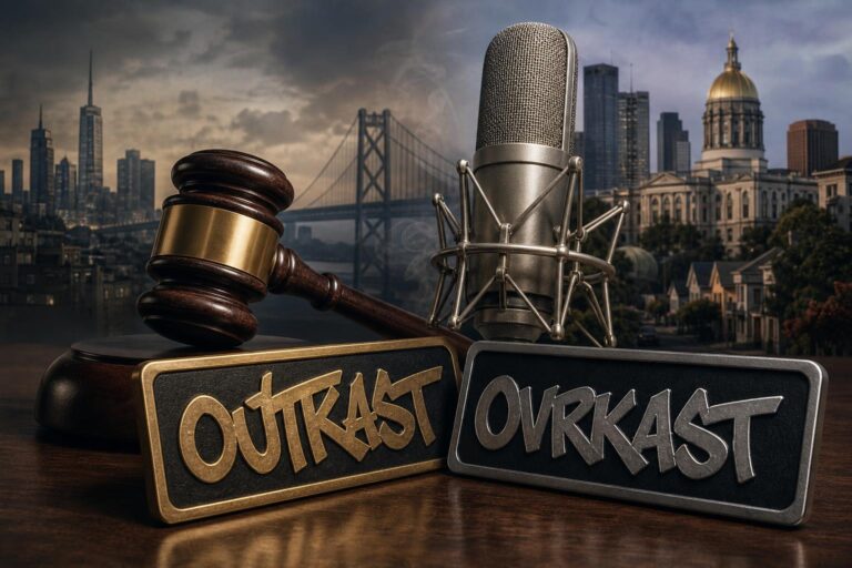 Illustration of a hip-hop trademark dispute involving OutKast and Ovrkast with a microphone and gavel