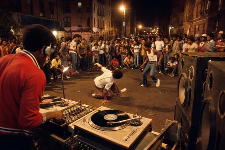 A Bronx block party scene with a DJ at turntables surrounded by dancers and neighbors.
