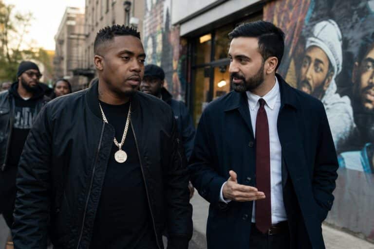 Nas and Mayor Zohran Mamdani in a documentary-style Bronx setting discussing hip-hop’s future in New York City.