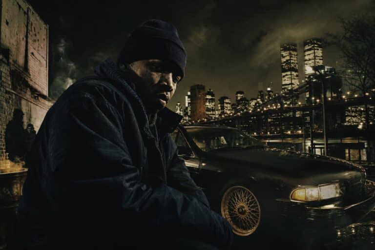 Moody 1990s New York rap-inspired album art scene with dark cinematic shadows.