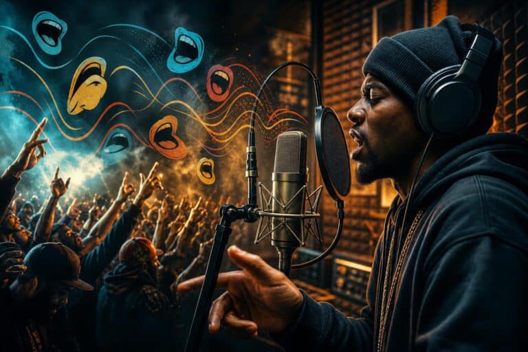 A hip-hop artist in a recording booth with stylized ad-lib sound waves around the microphone
